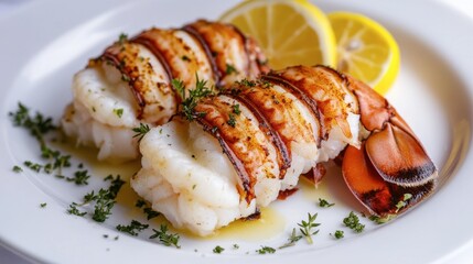 A gourmet seafood platter featuring fresh lobster tail, garnished with lemon slices and herbs, served on a white plate.