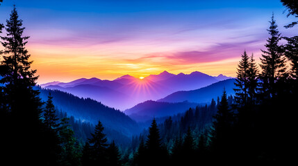 Majestic sunset over silhouetted mountain range