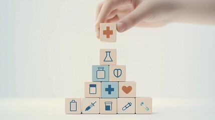 Hand placing wooden blocks with health and medical icons in a pyramid shape, symbolizing a healthcare plan or business concept in the medical industry, with a copy space banner on a white background. 