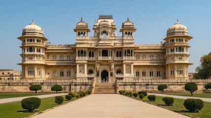 Obraz premium A grand palace with intricate architecture and a beautifully manicured garden.