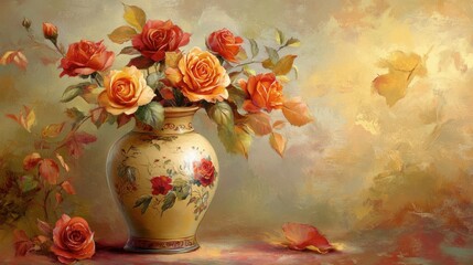 A hand-glazed ceramic vase adorned with roses, styled in an old-world artistic composition.