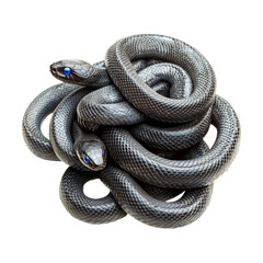 Naklejka premium Coiled black snakes tightly intertwined, displaying glossy scales isolated on white transparent background, reptiles or wildlife, symbolizing Chinese Lunar New year