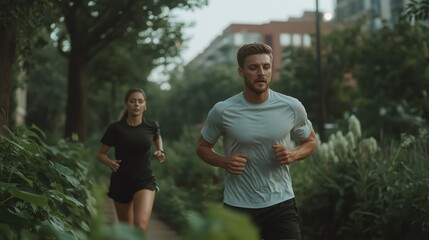 Stylish joggers running through a city park pathway surrounded by greenery in the early morning light