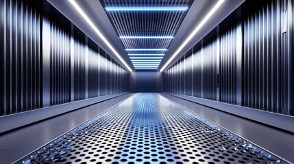 Obraz premium Repeating ultra-thin platinum circuit grid illuminated by neon-blue details for a cyber-industrial look