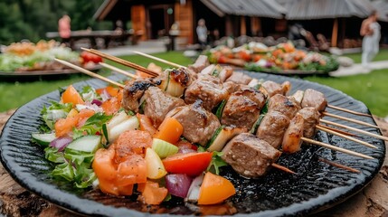 Grilled Meat Skewers with Fresh Salad Served Outdoors at a Rustic Venue in Summer