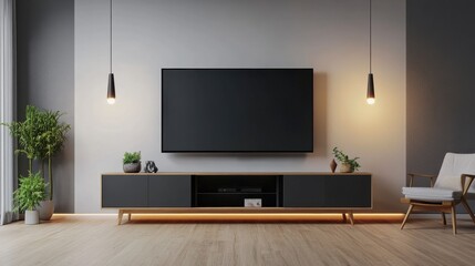 A large Smart TV hanging on a white wall, surrounded by stylish decor and soft lighting, creating a cozy atmosphere.