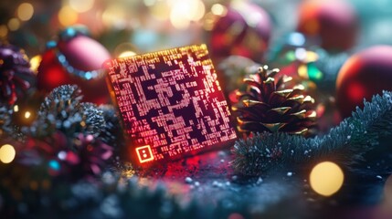 Vibrant QR Code Icon with Festive Decorations and Holiday Elements