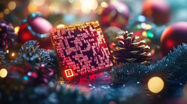 Vibrant QR Code Icon with Festive Decorations and Holiday Elements