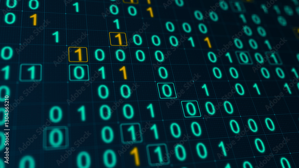 Poster blue and yellow glowing binary matrix on a grid. bokeh effect, horizontal composition. technology ba