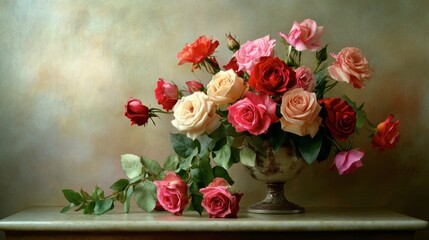 Obraz premium A luxurious floral display of roses in a ceramic vase, arranged like a museum-quality still-life painting.
