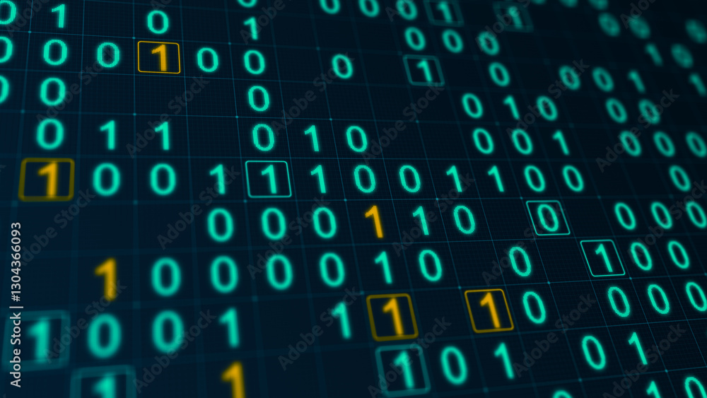 Poster blue and yellow glowing binary matrix on a grid. bokeh effect, horizontal composition. technology ba