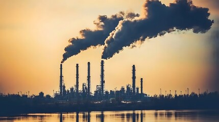 Obraz premium Industrial Smokestacks Emitting Pollution at Sunset Over Calm Water in Urban Environment