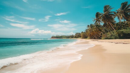 A mesmerizing tropical beach with palm trees swaying in the gentle breeze.