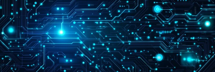 Obraz premium Futuristic Blue Circuit Board With Glowing Lines And Dots On A Dark Background, Technology Concept