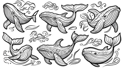 Detailed Vintage Illustration of Various Whales Swimming Gracefully in the Ocean