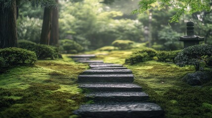 Serene pathway through lush green japanese garden with moss and stone steps