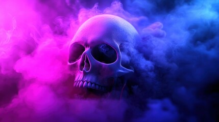 Skull Emerging from a Vaporous Pink and Blue Cloud 3D Render