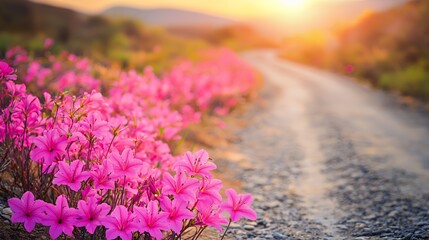 Pink Azaleas Blooming Along a Gravel Road at Sunset