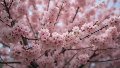 Fototapeta premium Abundant Pink Cherry Blossoms on a Tree Branch