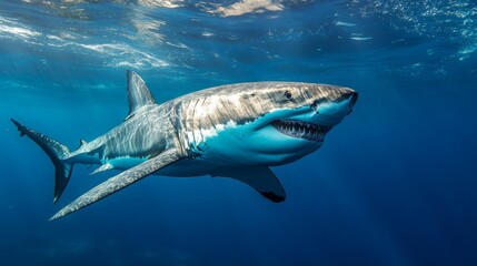 Colossal White Shark Swimming in Turquoise Ocean Depths