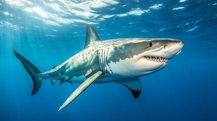Fototapeta premium Colossal White Shark Swimming in Turquoise Ocean Depths