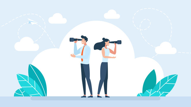 Different vision of men and women. Forecast look into future Businessman looking into spyglass, woman looking into binocular. Research, analytics and hr looking for work, people. Flat illustration