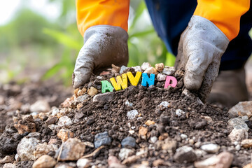 Fototapeta premium Planting letters in soil, outdoors
