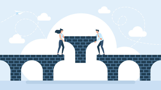 A couple of man and woman is finishing to build a bridge putting the piece. Relationship Gap, Negotiation and Agreement. Building relationship. Connect the two sides of the bridge. Flat illustration