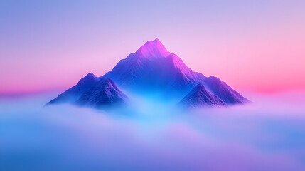 Serene Mountain Peak Surrounded by Mist and Colorful Sky at Dusk