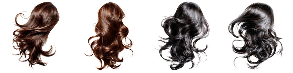 set of Curly hair swaying in the wind, loose hair floating in the wind, curly hair, loose curly hair flying in the wind, loose hair dancing with the wind, on a transparent backgrounds