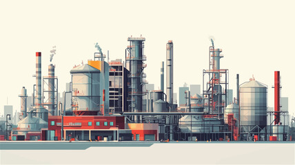 Obraz premium A digital illustration depicting a sprawling industrial complex against a white background. The illustration features numerous buildings, tall towers, pipes, and storage tanks of varying