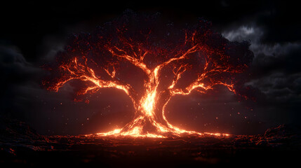 Enchanted Tree Glowing in Lava Against Dark Dramatic Sky