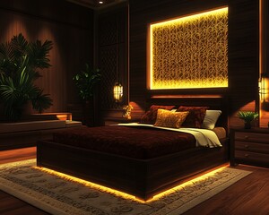 Sleek and modern wooden bedroom with dark wood furniture and rich golden lighting,