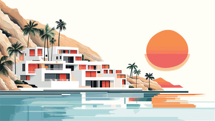 A digital illustration depicts a cluster of modern, white buildings with orange accents situated on a rocky coastline. Palm trees are visible on the hillside behind the buildings. The ocean