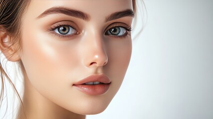 Fototapeta premium Close-up portrait of a woman with flawless skin on a white backdrop.