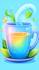 Refreshing herbal tea swirls in glass cup, pastel background