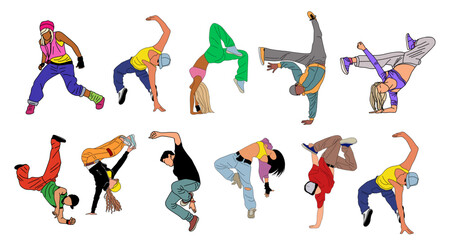Set of breakdance dancers. Young cool girl and boy dancing street dance, hip hop in bright modern clothes. Cartoon female, male teenager characters vector illustration isolated