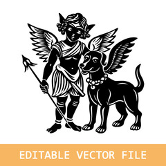 Vector cute little puppy angel. Dog angel with wings