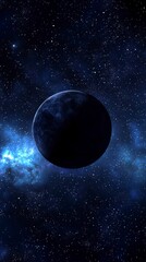 Obraz premium Celestial Solitude: A solitary, dark planet looms in the vastness of space, surrounded by a nebula and myriad stars, creating a sense of cosmic mystery and wonder.