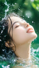 Obraz premium Serene woman enjoying refreshing pool water splash