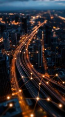 City Network Infrastructure Connecting Buildings Along Highway at Dusk Evening Technological View