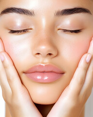 Serene woman, face closeup, soft light, skincare