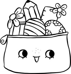 Easter School stationary Bag Cartoon Hand Drawn Outline black and white
