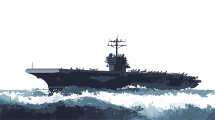 Fototapeta premium A stylized illustration depicting an aircraft carrier sailing on a choppy sea. The image is rendered in shades of blue and grey, suggesting a watercolor or painterly technique. The carrier