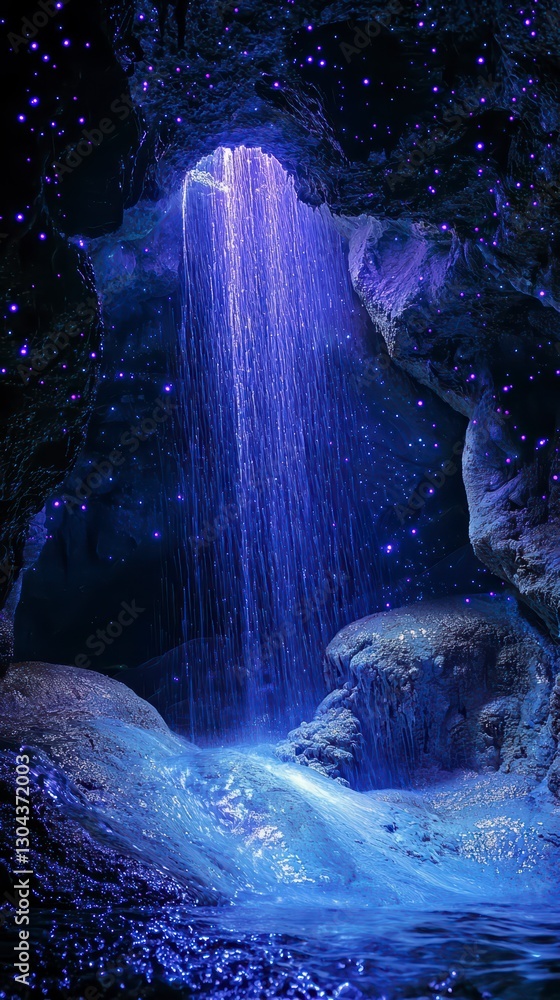 Poster celestial cave: a mesmerizing cavern illuminated by a cascading waterfall, glistening with an ethere