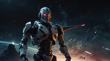 Fototapeta premium Battle-Damaged Robot Warrior in Space – Sci-Fi Combat Scene