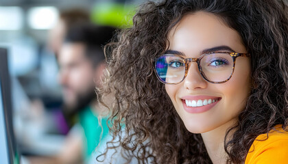 Smiling woman, office, colleagues, workday