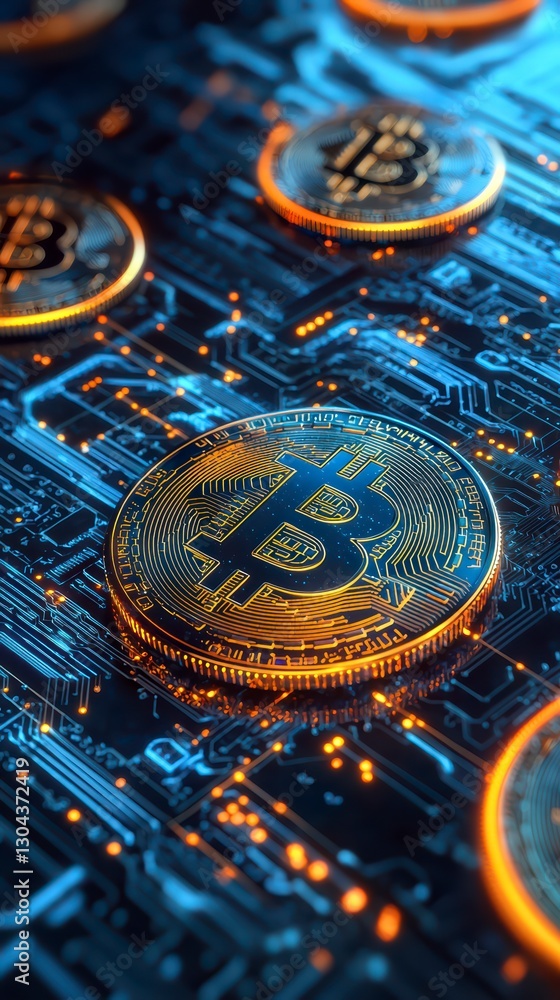Poster bitcoin digital transformation: a captivating close-up showcases bitcoin coins resting on a complex 