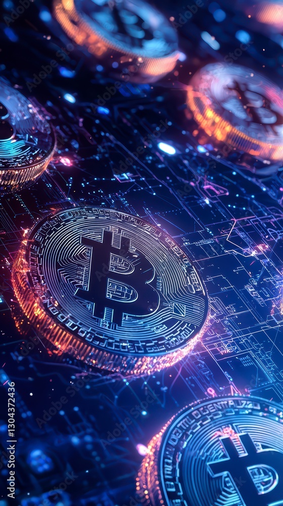 Poster digital currency: captivating image of bitcoin tokens, a vibrant display of digital currency amidst 