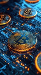 Bitcoin Digital Transformation: A captivating close-up showcases Bitcoin coins resting on a complex circuit board, symbolizing the digital revolution and future of finance.